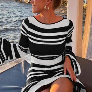 Striped Open-Back Black & White Long Sleeve Sweater Dress